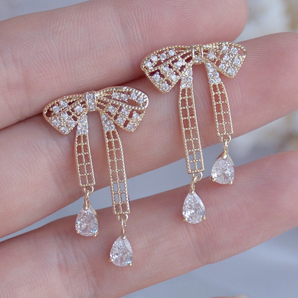 NEW 14K Gold Plated Diamond Bow Drop Earrings